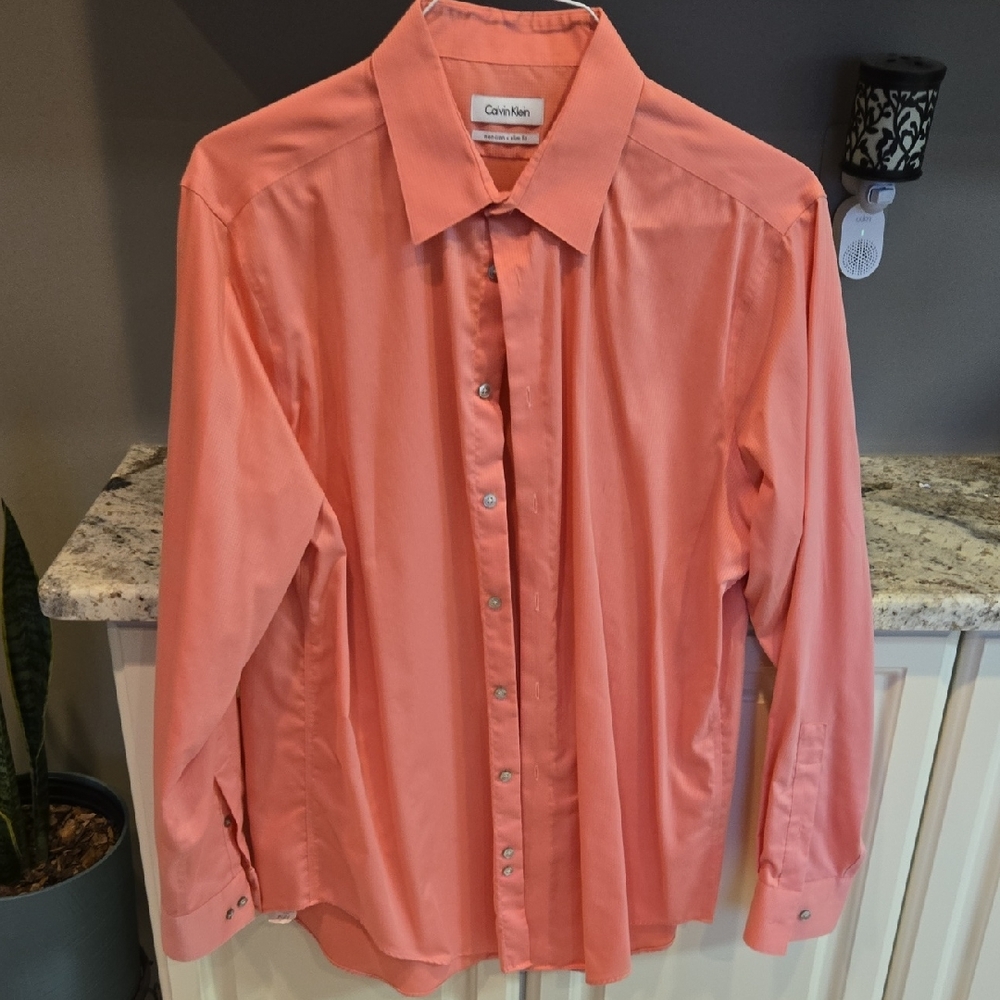 Calvin Klein Men's Coral Long Sleeve Slim Fit Dress Shirt 16.5 34/35 100% Cotton